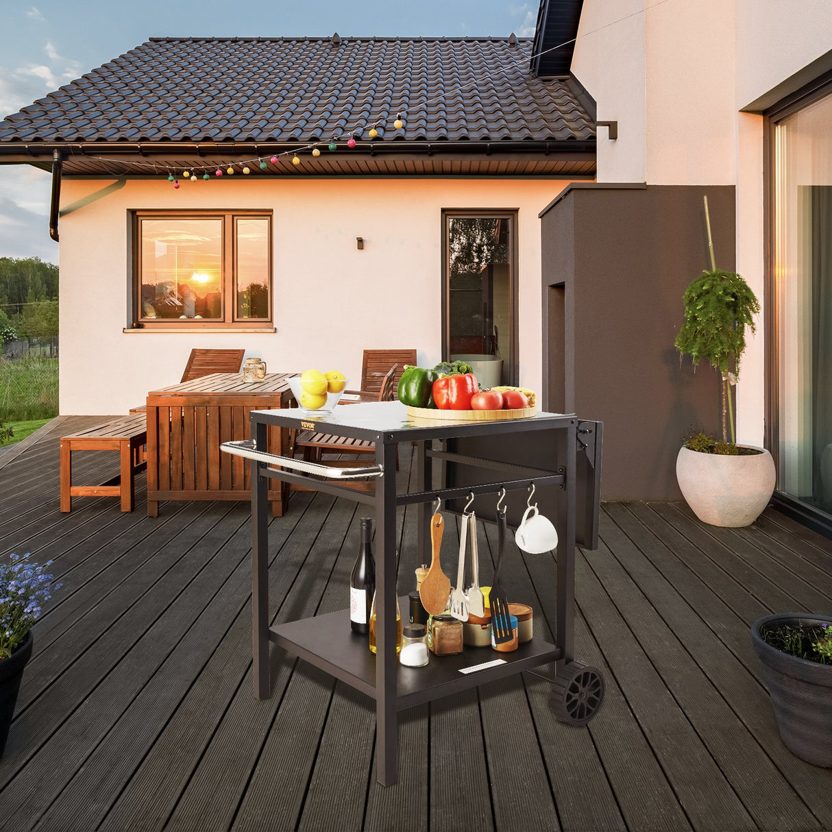 VEVOR Outdoor Grill Dining Cart with Double-Shelf, 55*55cm BBQ Movable Food Prep Table, Multifunctional Foldable Iron Table Top, Portable Modular