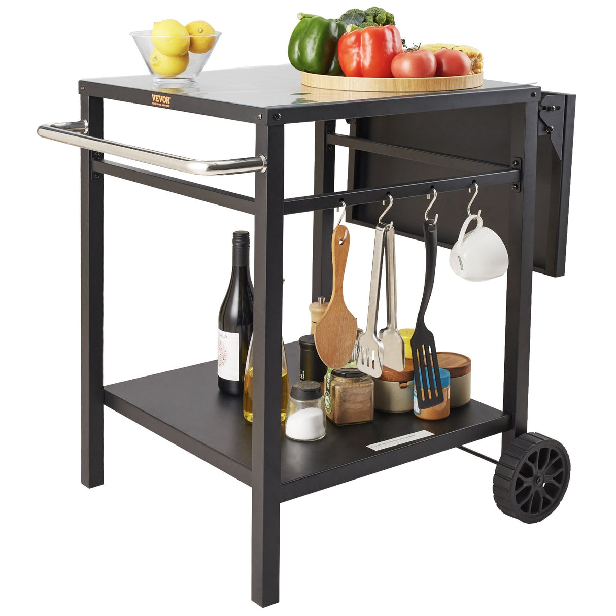 VEVOR Outdoor Grill Dining Cart with Double-Shelf, 55*55cm BBQ Movable Food Prep Table, Multifunctional Foldable Iron Table Top, Portable Modular