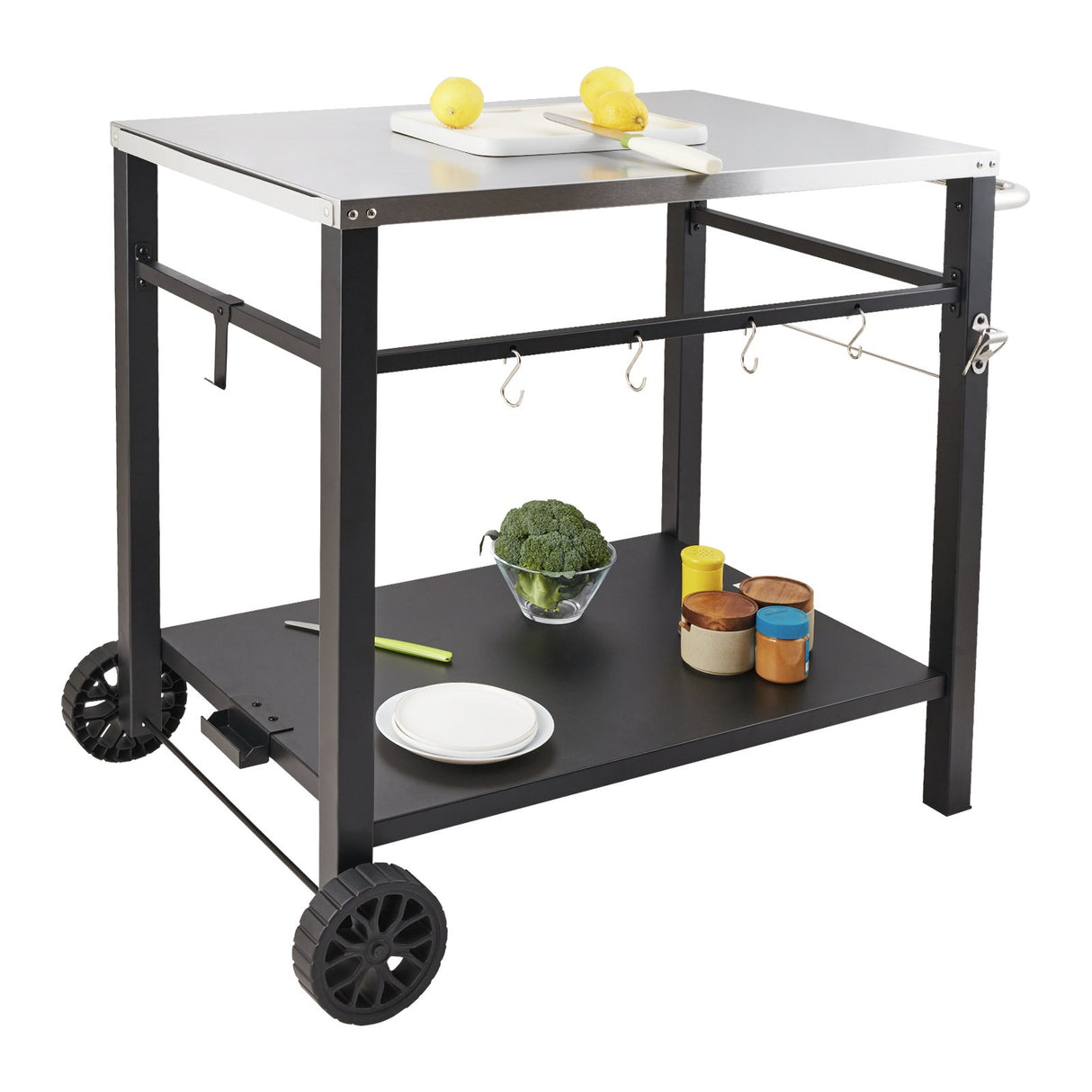 VEVOR Outdoor Grill Dining Cart with Double-Shelf, 85*55cm BBQ Movable Food Prep Table, Multifunctional Stainless Steel Table Top, Portable Modular