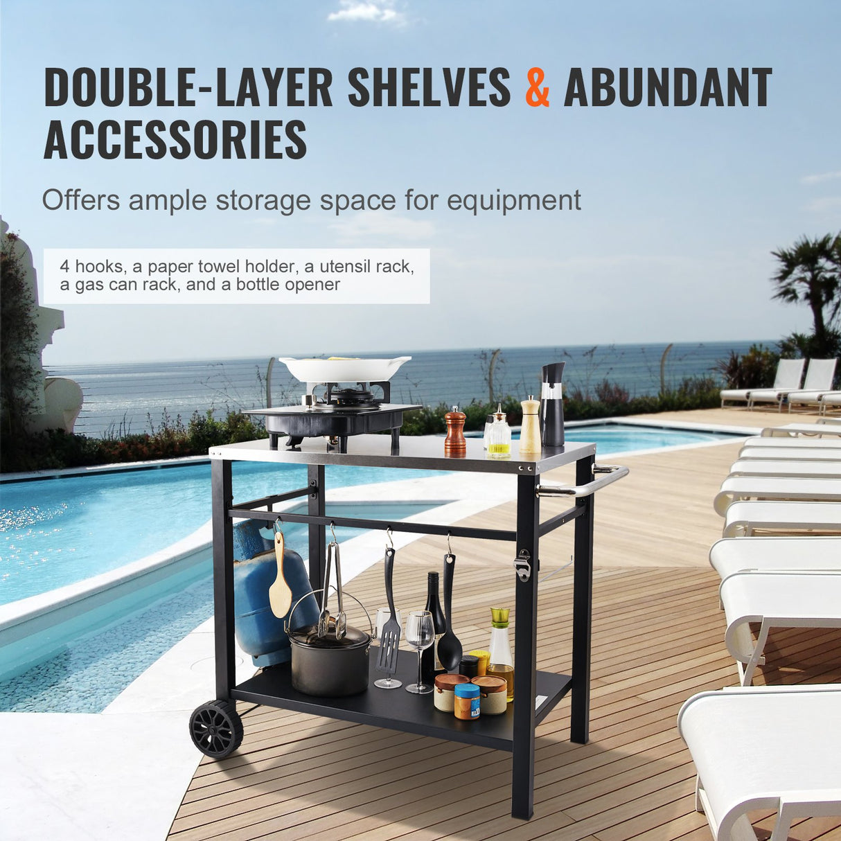 VEVOR Outdoor Grill Dining Cart with Double-Shelf, 85*55cm BBQ Movable Food Prep Table, Multifunctional Stainless Steel Table Top, Portable Modular