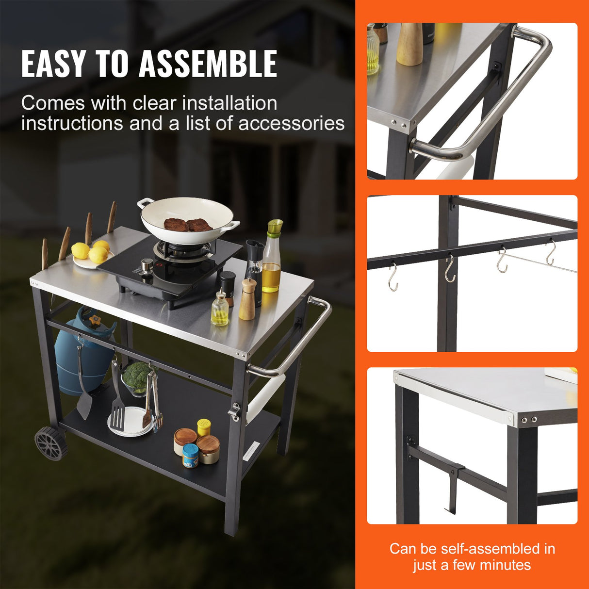 VEVOR Outdoor Grill Dining Cart with Double-Shelf, 85*55cm BBQ Movable Food Prep Table, Multifunctional Stainless Steel Table Top, Portable Modular