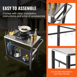 VEVOR Outdoor Grill Dining Cart with Double-Shelf, 85*55cm BBQ Movable Food Prep Table, Multifunctional Stainless Steel Table Top, Portable Modular Carts for Pizza Oven, Worktable with 2 Wheels, Carry Handle - Rear View
