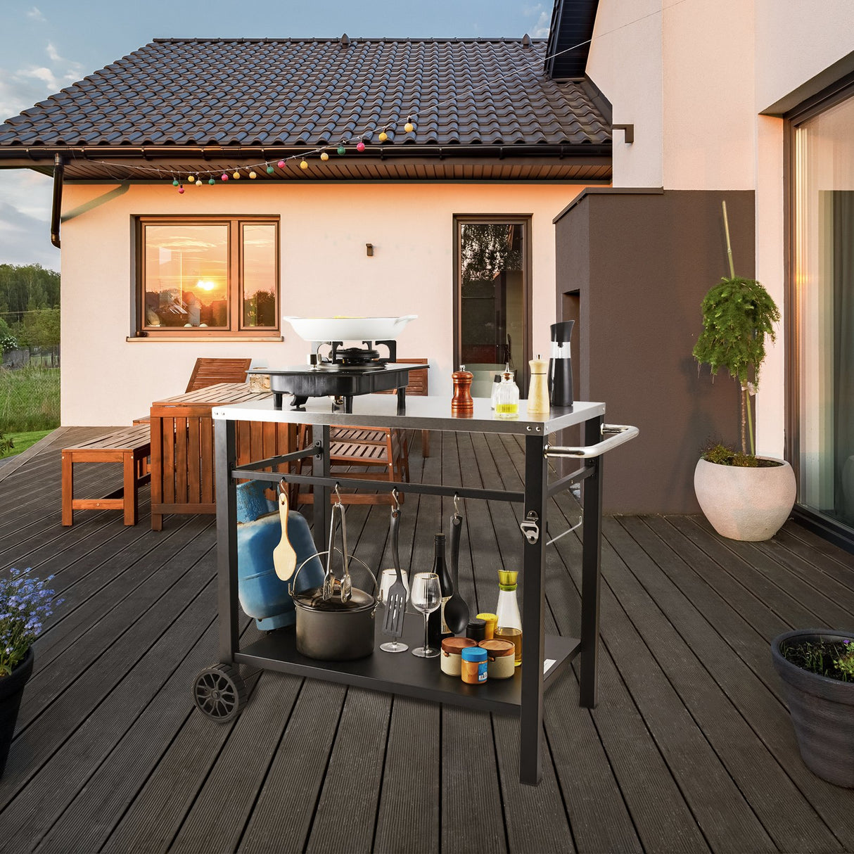 VEVOR Outdoor Grill Dining Cart with Double-Shelf, 85*55cm BBQ Movable Food Prep Table, Multifunctional Stainless Steel Table Top, Portable Modular