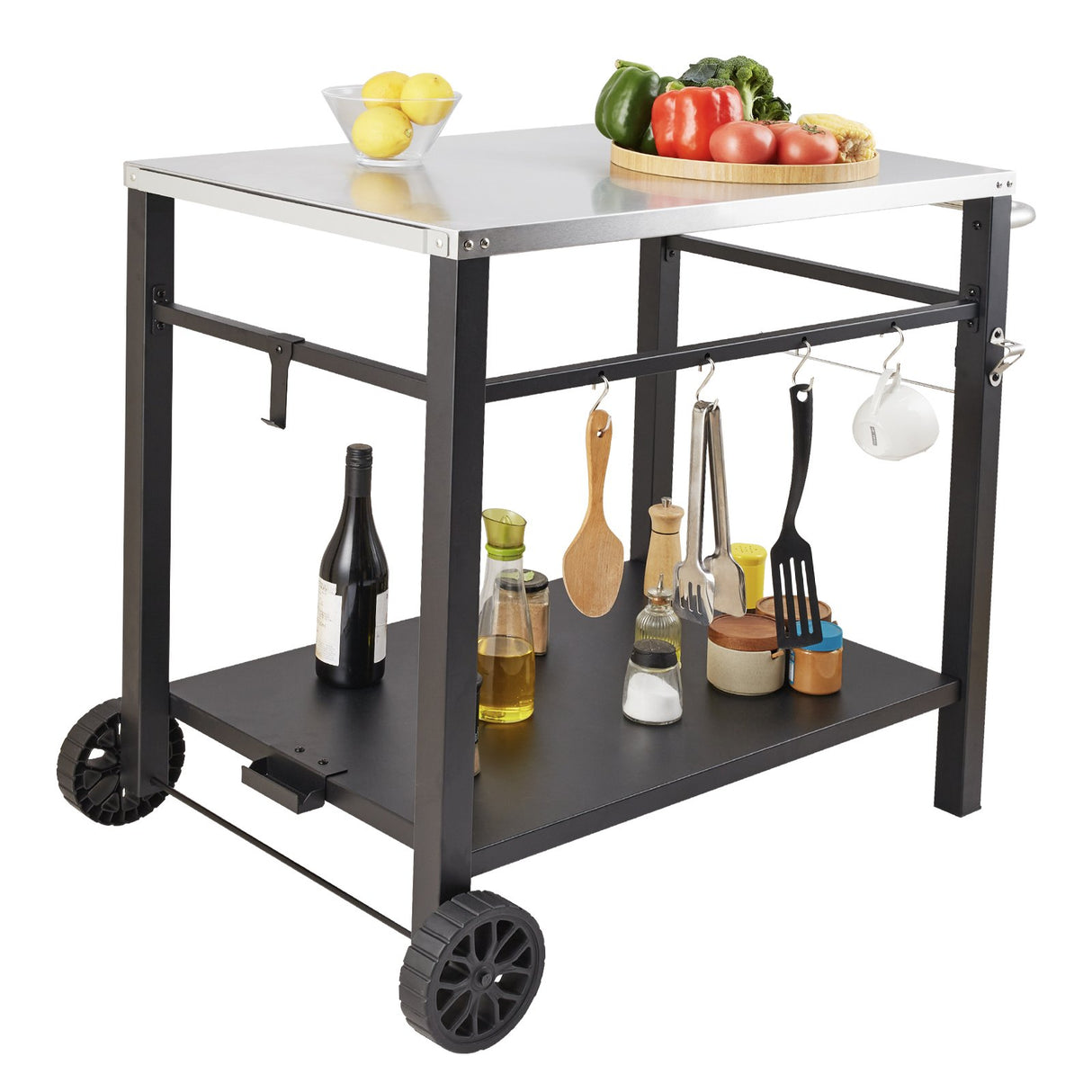 VEVOR Outdoor Grill Dining Cart with Double-Shelf, 85*55cm BBQ Movable Food Prep Table, Multifunctional Stainless Steel Table Top, Portable Modular