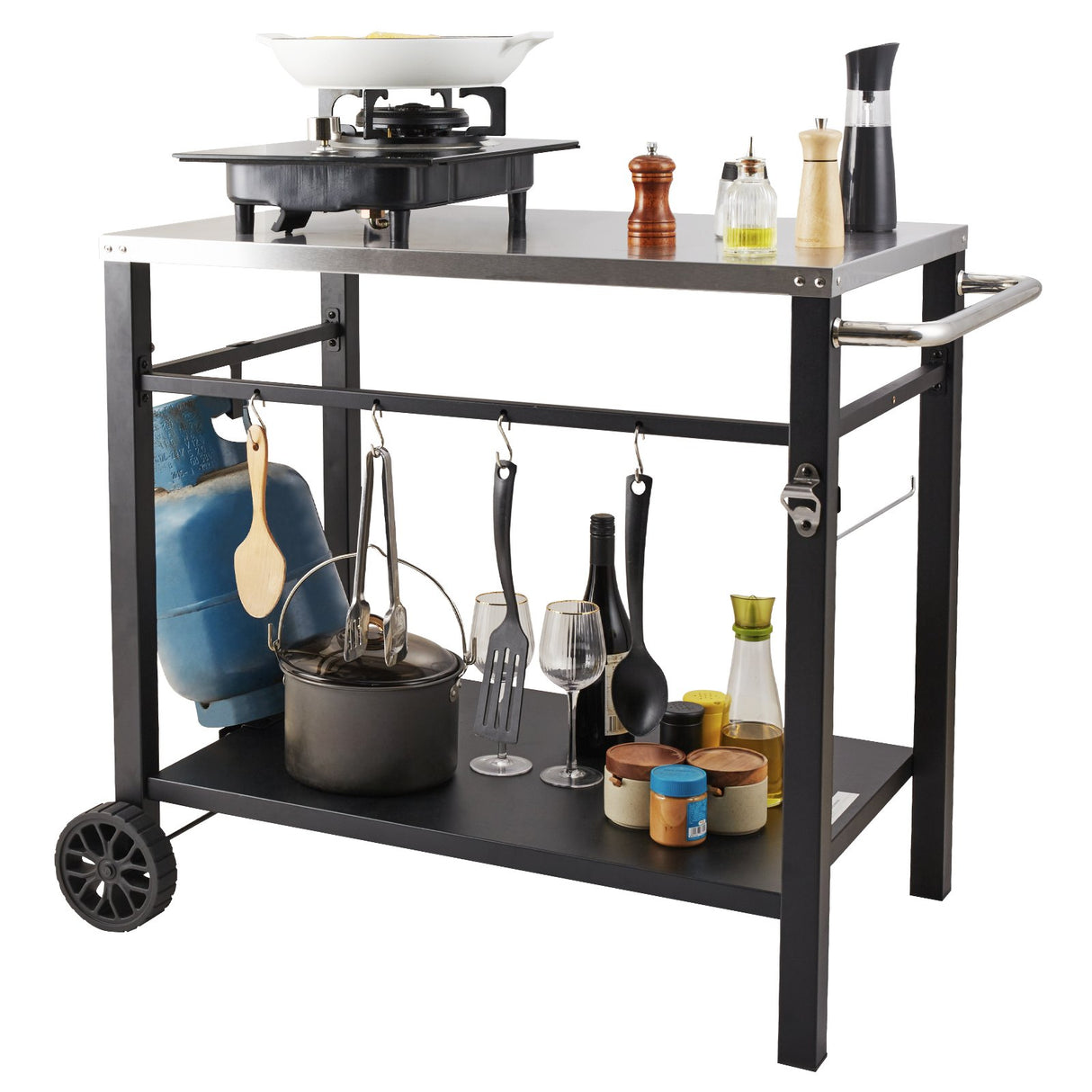 VEVOR Outdoor Grill Dining Cart with Double-Shelf, 85*55cm BBQ Movable Food Prep Table, Multifunctional Stainless Steel Table Top, Portable Modular