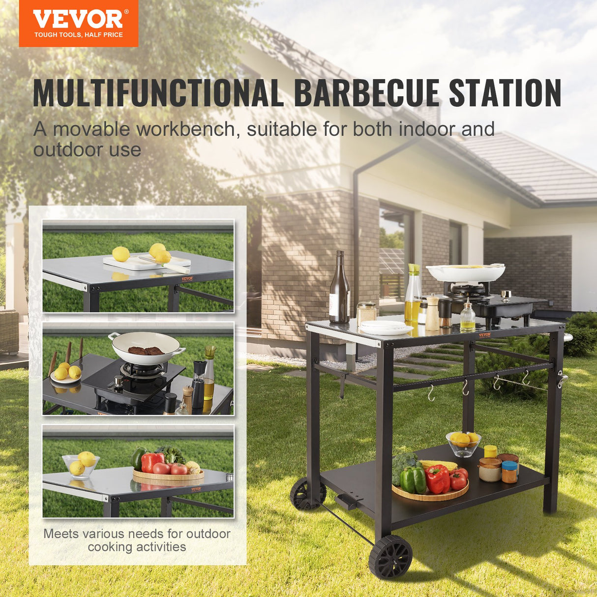 VEVOR Outdoor Grill Dining Cart with Double-Shelf, 85*55cm BBQ Movable Food Prep Table, Multifunctional Iron Table Top, Portable Modular Carts for