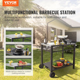 VEVOR Outdoor Grill Dining Cart with Double-Shelf,  85*55cm BBQ Movable Food Prep Table, Multifunctional Iron Table Top, Portable Modular Carts for Pizza Oven, Worktable with 2 Wheels, Carry Handle, Black - Front View