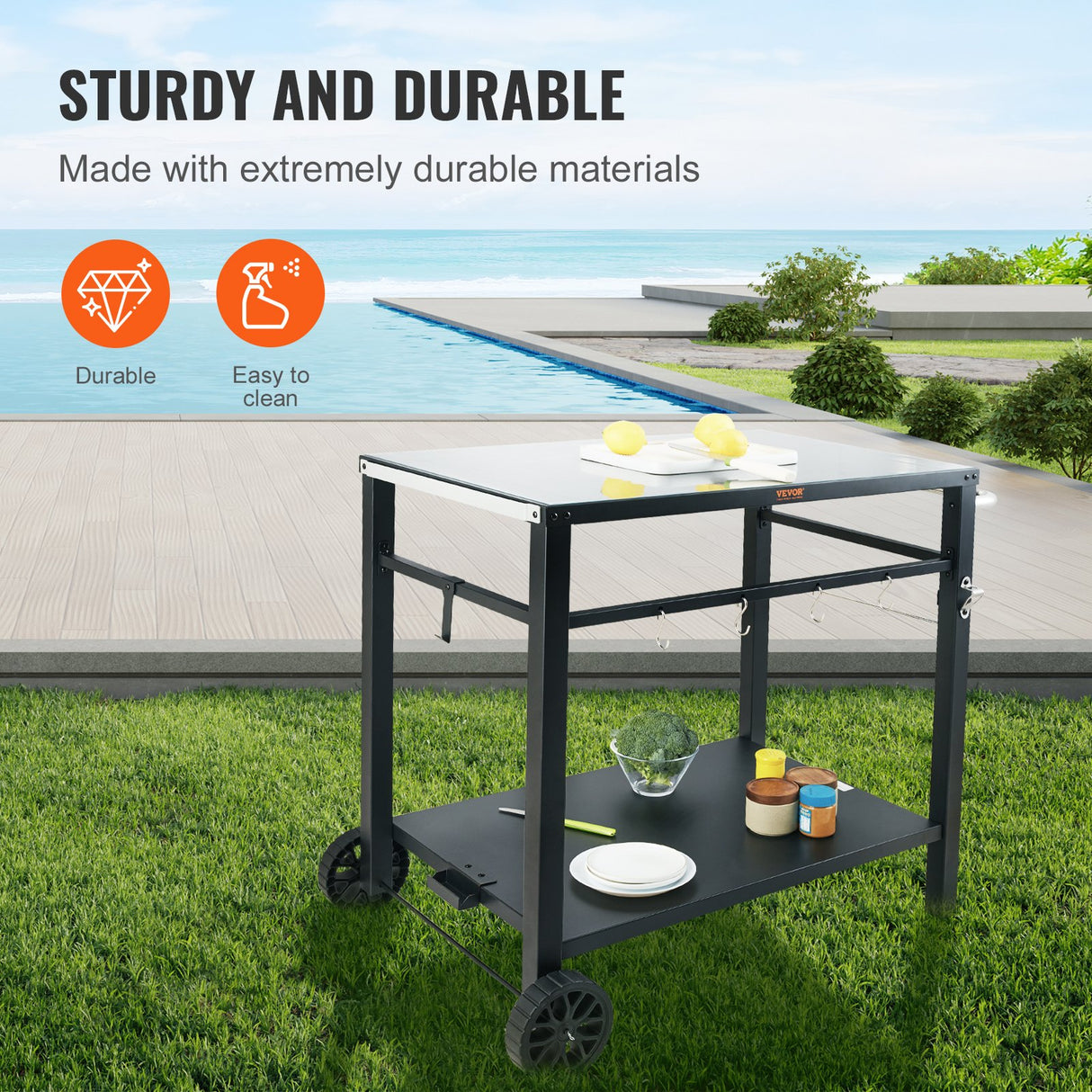 VEVOR Outdoor Grill Dining Cart with Double-Shelf, 85*55cm BBQ Movable Food Prep Table, Multifunctional Iron Table Top, Portable Modular Carts for