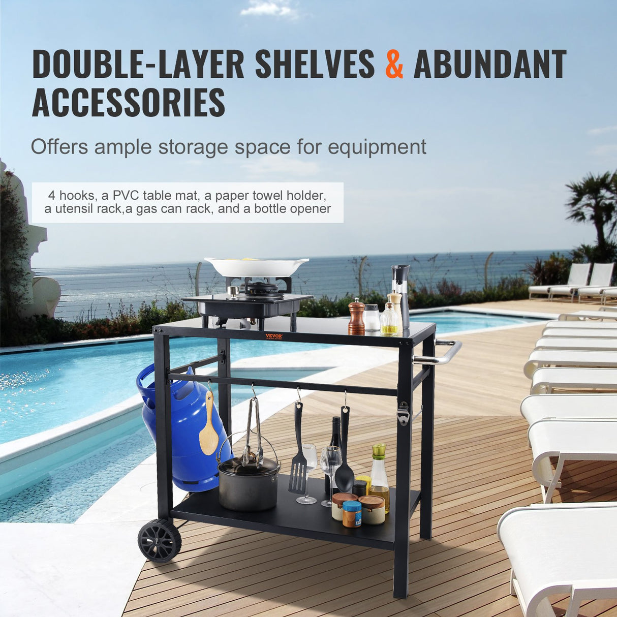 VEVOR Outdoor Grill Dining Cart with Double-Shelf, 85*55cm BBQ Movable Food Prep Table, Multifunctional Iron Table Top, Portable Modular Carts for
