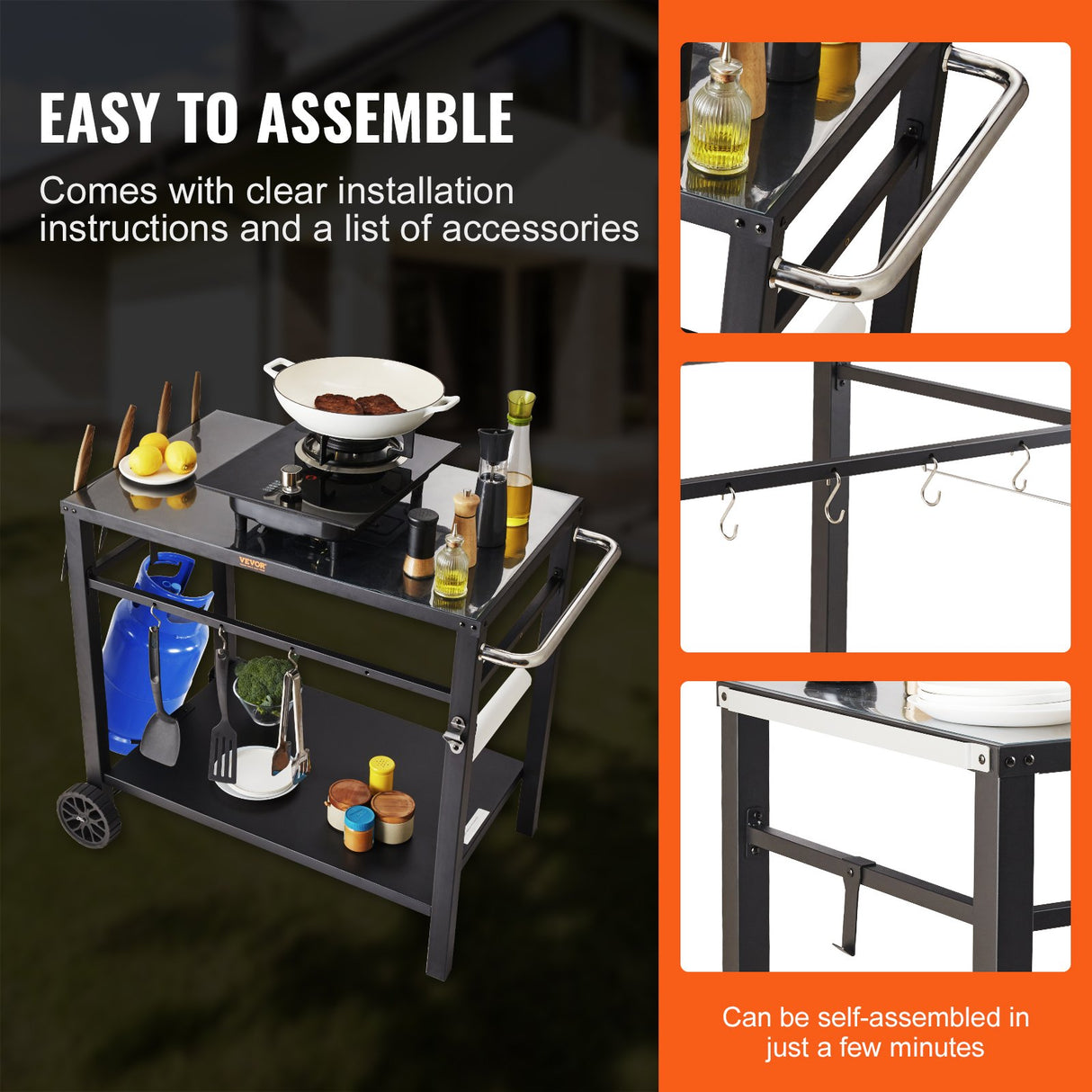 VEVOR Outdoor Grill Dining Cart with Double-Shelf, 85*55cm BBQ Movable Food Prep Table, Multifunctional Iron Table Top, Portable Modular Carts for