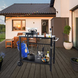 VEVOR Outdoor Grill Dining Cart with Double-Shelf,  85*55cm BBQ Movable Food Prep Table, Multifunctional Iron Table Top, Portable Modular Carts for Pizza Oven, Worktable with 2 Wheels, Carry Handle, Black - Low Angle