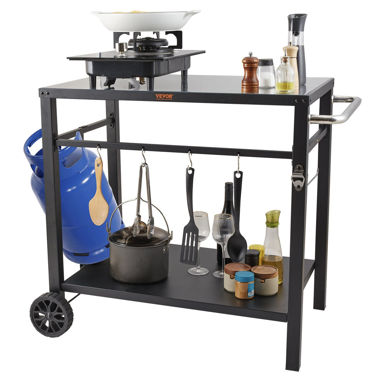 VEVOR Outdoor Grill Dining Cart with Double-Shelf,  85*55cm BBQ Movable Food Prep Table, Multifunctional Iron Table Top, Portable Modular Carts for Pizza Oven, Worktable with 2 Wheels, Carry Handle, Black
