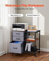 VEVOR Mobile Metal File Cabinet with 3 Fabric Drawers and 2 Open Shelves Brown