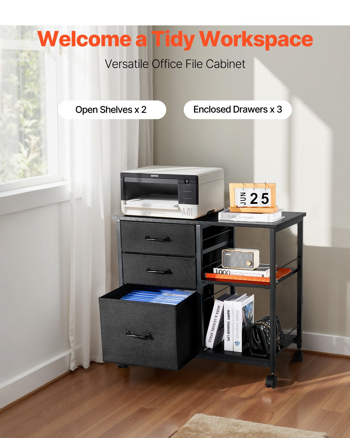 VEVOR Mobile Metal File Cabinet with 3 Fabric Drawers and 2 Open Shelves Black