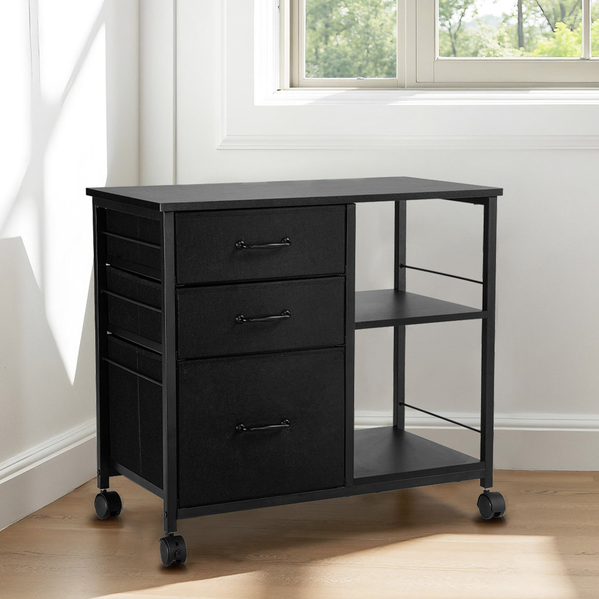 VEVOR Mobile Metal File Cabinet with 3 Fabric Drawers and 2 Open Shelves Black