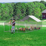VEVOR Metal Chicken Coop 9.8x19.6x6.5 ft Walk-in Chicken Run with Cover Spire Roof - Low Angle