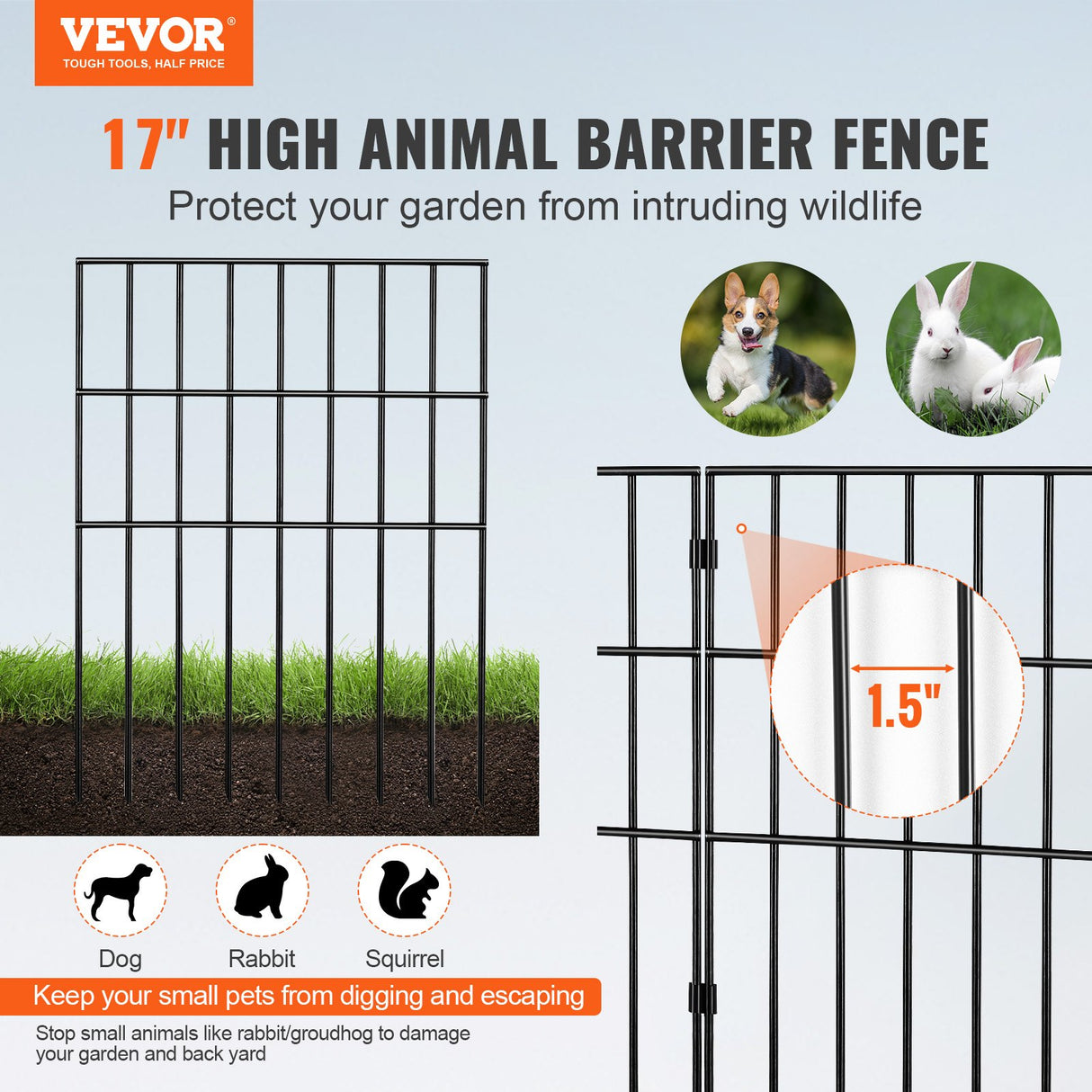 VEVOR Garden Fence, No Dig Fence 44(H)x33(L)cm Animal Barrier Fence, Underground Decorative Garden Fencing with 3.81 cm Spike Spacing, Metal Dog Fence