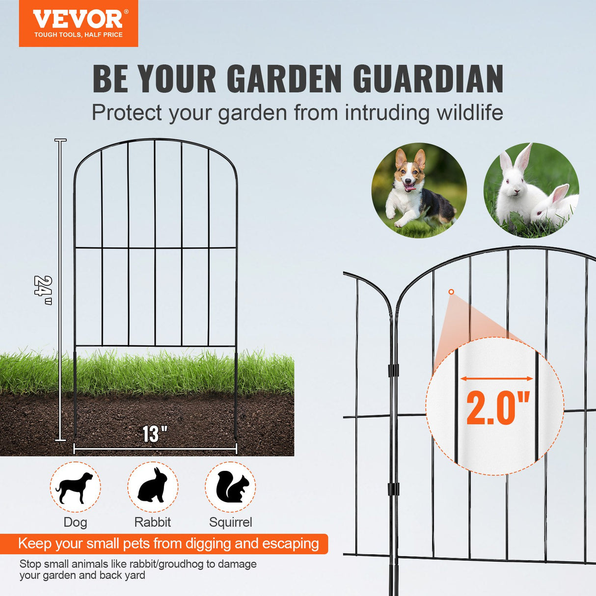 VEVOR Garden Fence, No Dig Fence 61 x 33 cm Animal Barrier Fence, Underground Decorative Garden Fencing with 5.08 cm Spike Spacing, Metal Dog Fence for the Yard and Outdoor Patio, 10 Pack