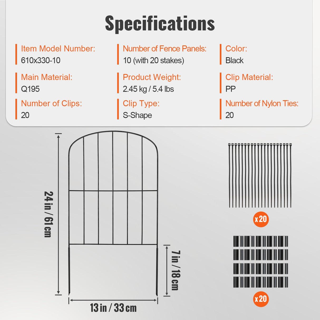 VEVOR Garden Fence, No Dig Fence 61 x 33 cm Animal Barrier Fence, Underground Decorative Garden Fencing with 5.08 cm Spike Spacing, Metal Dog Fence for the Yard and Outdoor Patio, 10 Pack