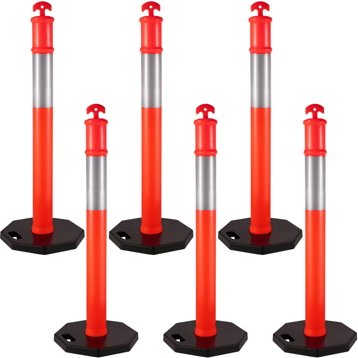 VEVOR 6Pack Traffic Delineator Posts 44 Inch Height, PE Delineator Cones Post Kit 10 inch Reflective Band, Delineators Post with Rubber Base 16 inch