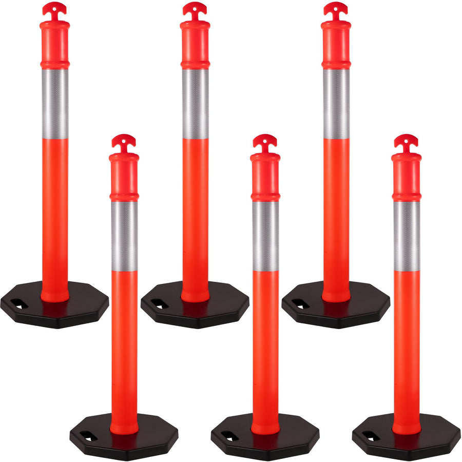 VEVOR 6Pack Traffic Delineator Posts 44 Inch Height, PE Delineator Cones Post Kit 10 inch Reflective Band, Delineators Post with Rubber Base 16 inch