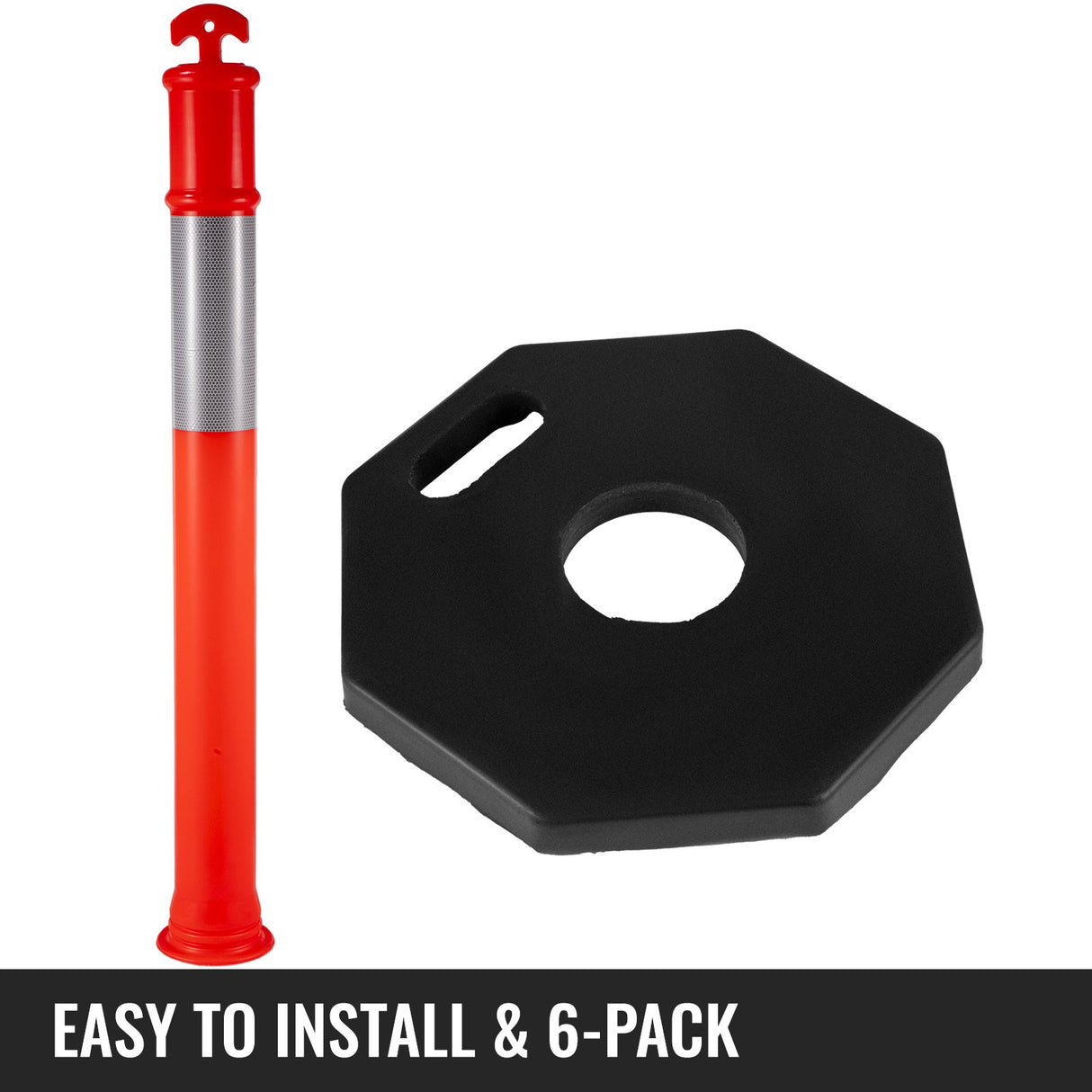 VEVOR 6Pack Traffic Delineator Posts 44 Inch Height, PE Delineator Cones Post Kit 10 inch Reflective Band, Delineators Post with Rubber Base 16 inch
