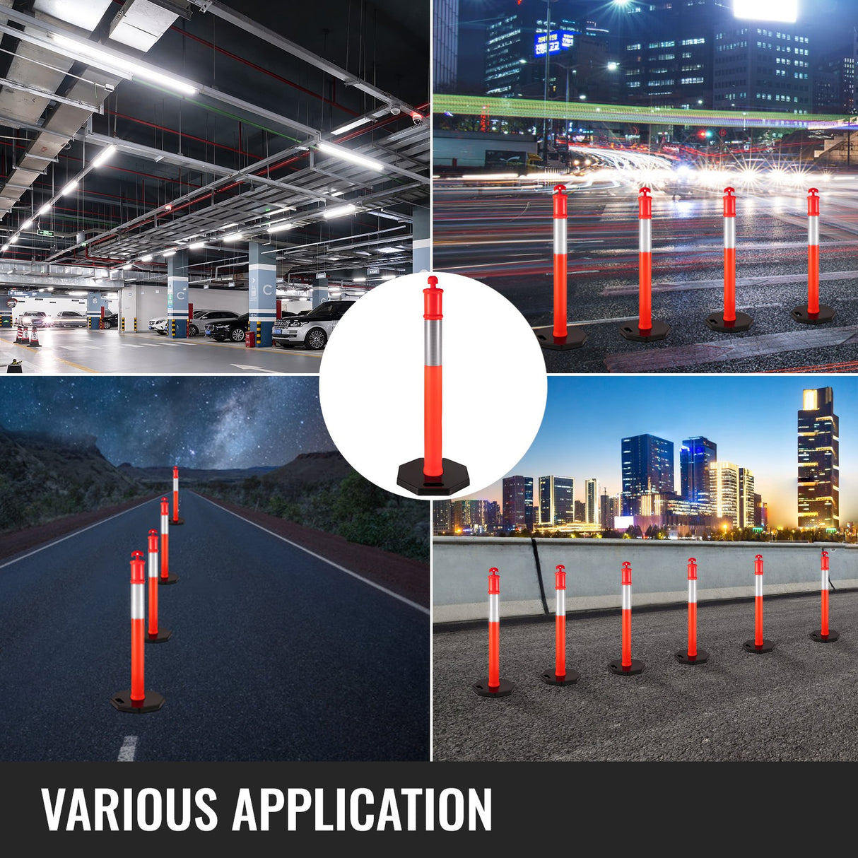 VEVOR 6Pack Traffic Delineator Posts 44 Inch Height, PE Delineator Cones Post Kit 10 inch Reflective Band, Delineators Post with Rubber Base 16 inch