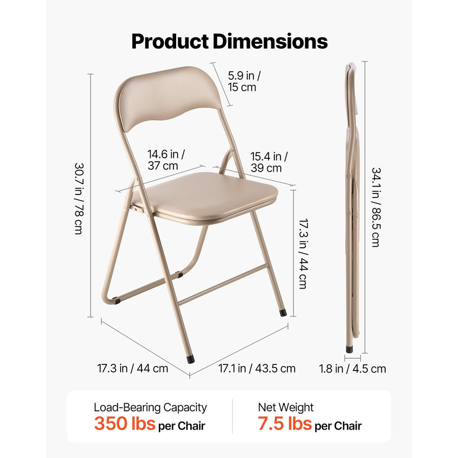 4 Pack Folding Chairs, Foldable Leather Chairs with Heavy Duty Metal Frame & Padded Cushion, Portable Folding Card Table Chairs, Stackable Seats for Home, Yard, Garden, Parties, Events, Khaki