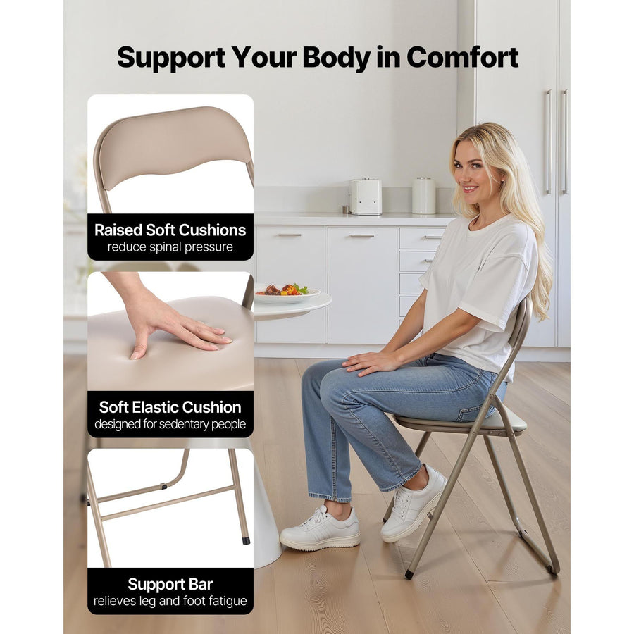 4 Pack Folding Chairs, Foldable Leather Chairs with Heavy Duty Metal Frame & Padded Cushion, Portable Folding Card Table Chairs, Stackable Seats for Home, Yard, Garden, Parties, Events, Khaki
