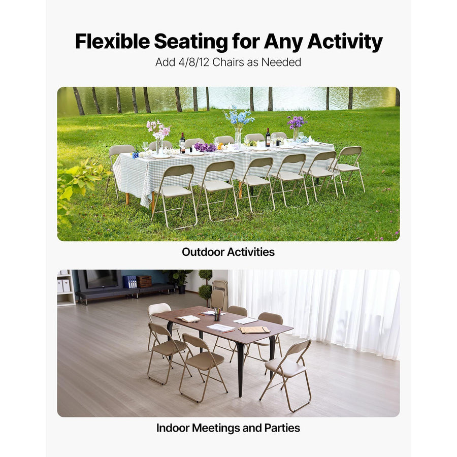 4 Pack Folding Chairs, Foldable Leather Chairs with Heavy Duty Metal Frame & Padded Cushion, Portable Folding Card Table Chairs, Stackable Seats for Home, Yard, Garden, Parties, Events, Khaki