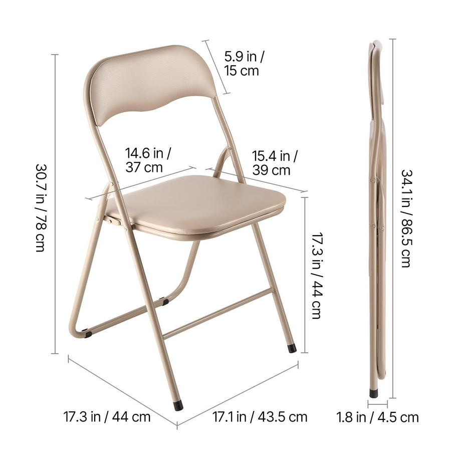 4 Pack Folding Chairs, Foldable Leather Chairs with Heavy Duty Metal Frame & Padded Cushion, Portable Folding Card Table Chairs, Stackable Seats for Home, Yard, Garden, Parties, Events, Khaki
