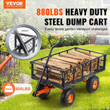 VEVOR Dump Cart, Metal Garden Dump Cart with Easy to Assemble Frame, Dump Wagon with 2-in-1 Convertible Handle, Utility Wheelbarrow 399kg Capacity, 25.4cm Tires - Front View