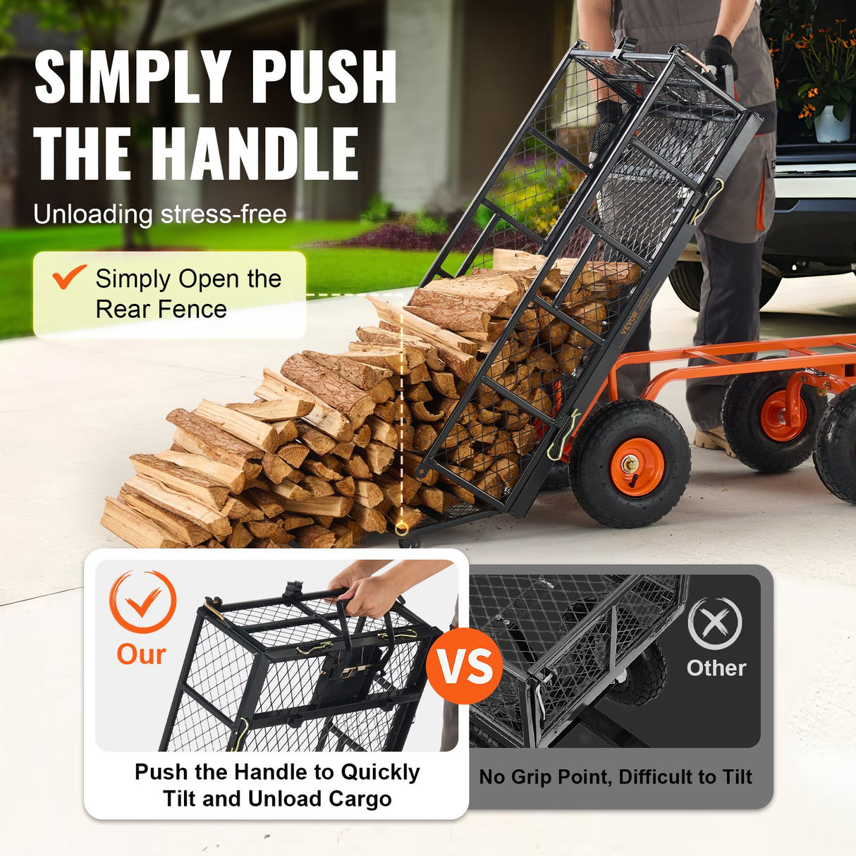 VEVOR Dump Cart, Metal Garden Dump Cart with Easy to Assemble Frame, Dump Wagon with 2-in-1 Convertible Handle, Utility Wheelbarrow 399kg Capacity,