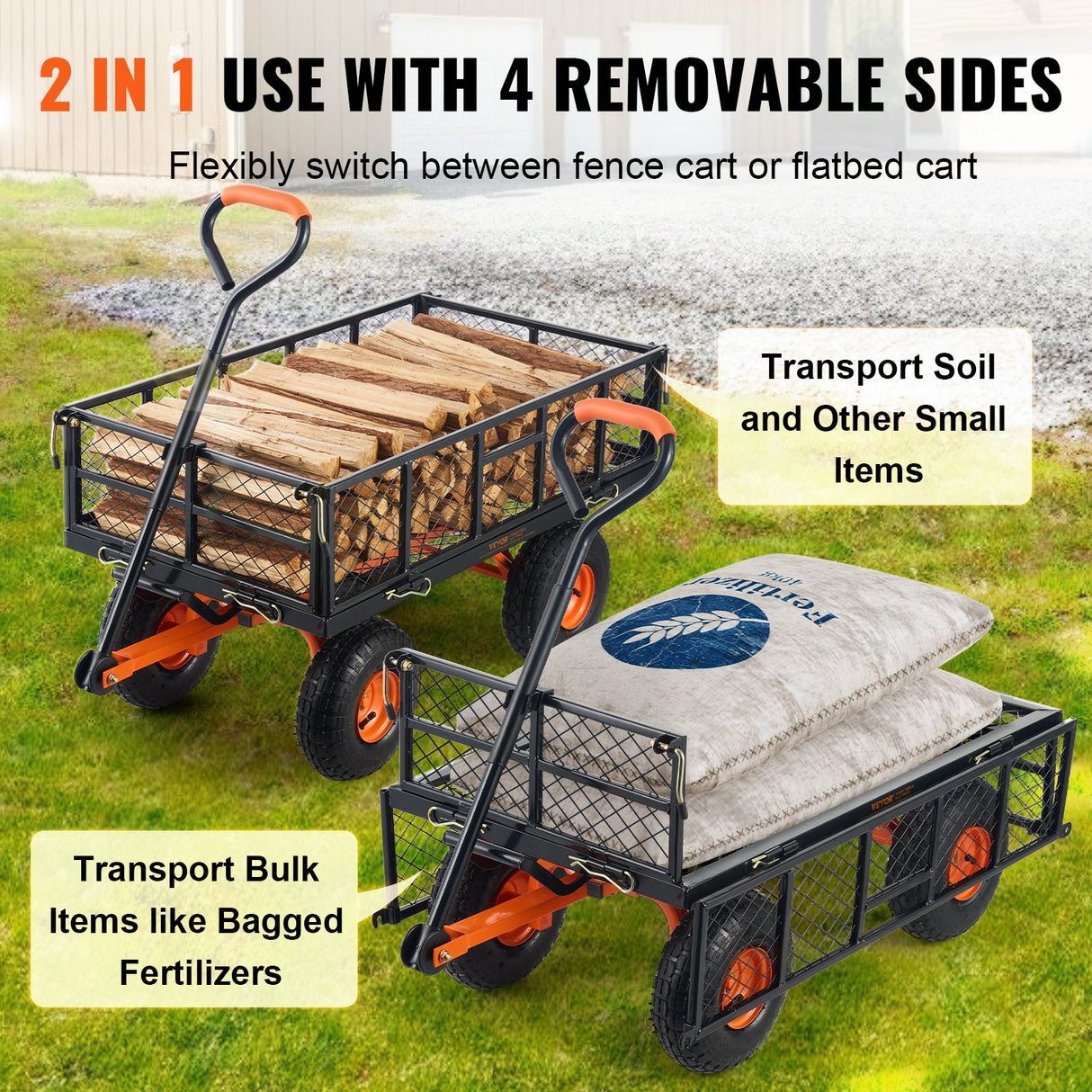 VEVOR Dump Cart, Metal Garden Dump Cart with Easy to Assemble Frame, Dump Wagon with 2-in-1 Convertible Handle, Utility Wheelbarrow 399kg Capacity,