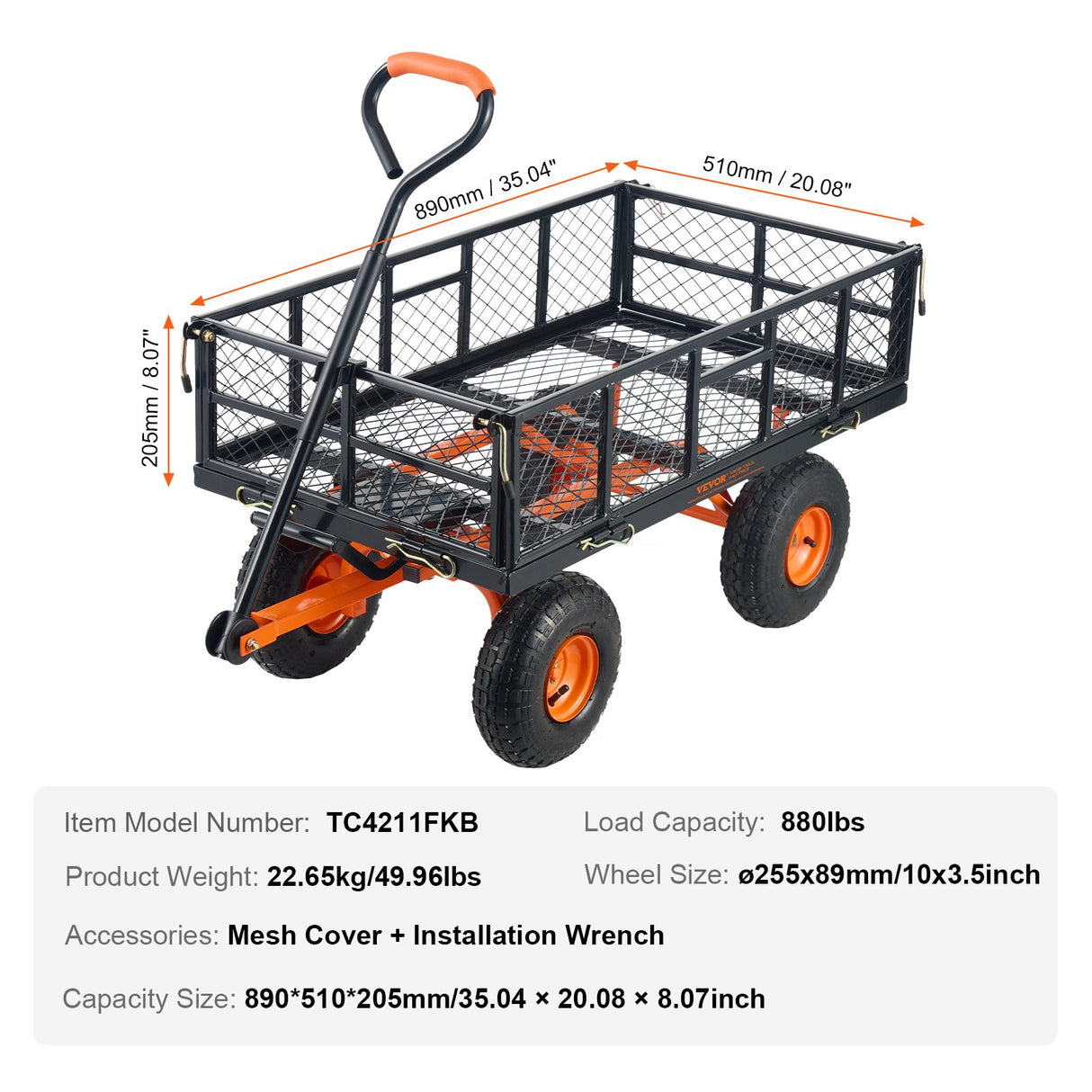 VEVOR Dump Cart, Metal Garden Dump Cart with Easy to Assemble Frame, Dump Wagon with 2-in-1 Convertible Handle, Utility Wheelbarrow 399kg Capacity,