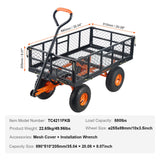 VEVOR Dump Cart, Metal Garden Dump Cart with Easy to Assemble Frame, Dump Wagon with 2-in-1 Convertible Handle, Utility Wheelbarrow 399kg Capacity, 25.4cm Tires - Close-Up Angle