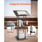 Podium Stand, 1180 mm Metal Lectern, Curved Standing Podium with Wide Reading Surface, Open Storage Compartment, Book Stopper, Cup Holder, for Classroom, Wedding, Conference, Speech, Concert