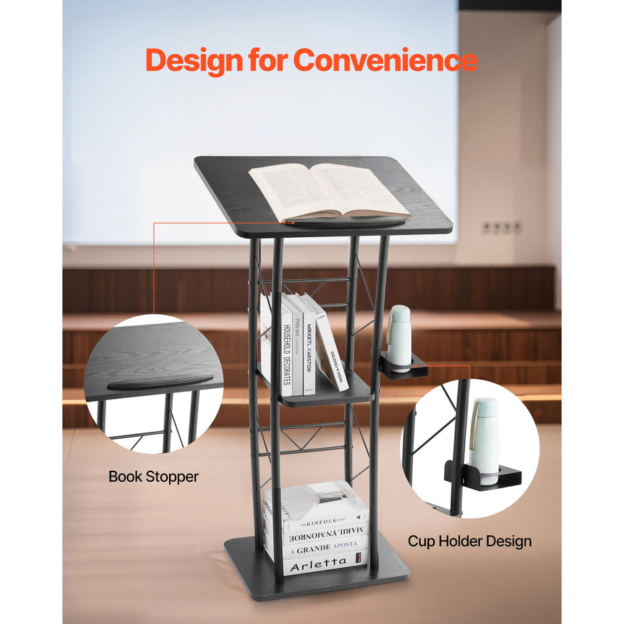 Podium Stand, 1180 mm Metal Lectern, Curved Standing Podium with Wide Reading Surface, Open Storage Compartment, Book Stopper, Cup Holder, for Classroom, Wedding, Conference, Speech, Concert