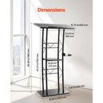 Podium Stand, 1180 mm Metal Lectern, Curved Standing Podium with Wide Reading Surface, Open Storage Compartment, Book Stopper, Cup Holder, for Classroom, Wedding, Conference, Speech, Concert