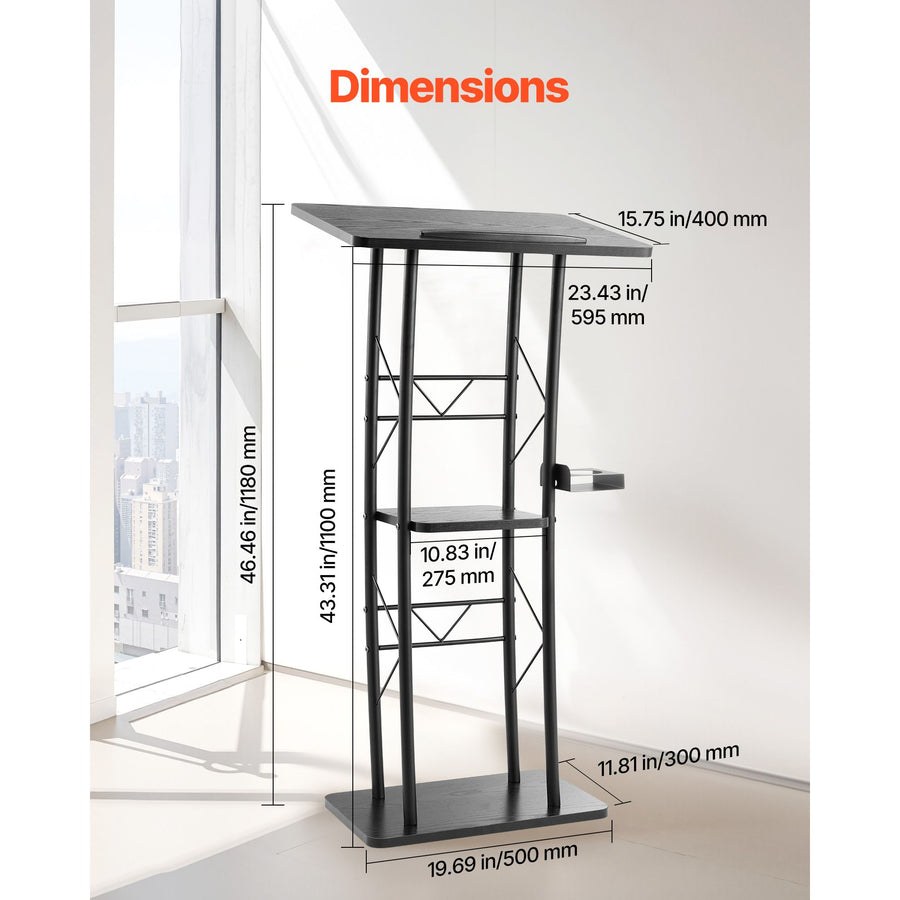 Podium Stand, 1180 mm Metal Lectern, Curved Standing Podium with Wide Reading Surface, Open Storage Compartment, Book Stopper, Cup Holder, for Classroom, Wedding, Conference, Speech, Concert