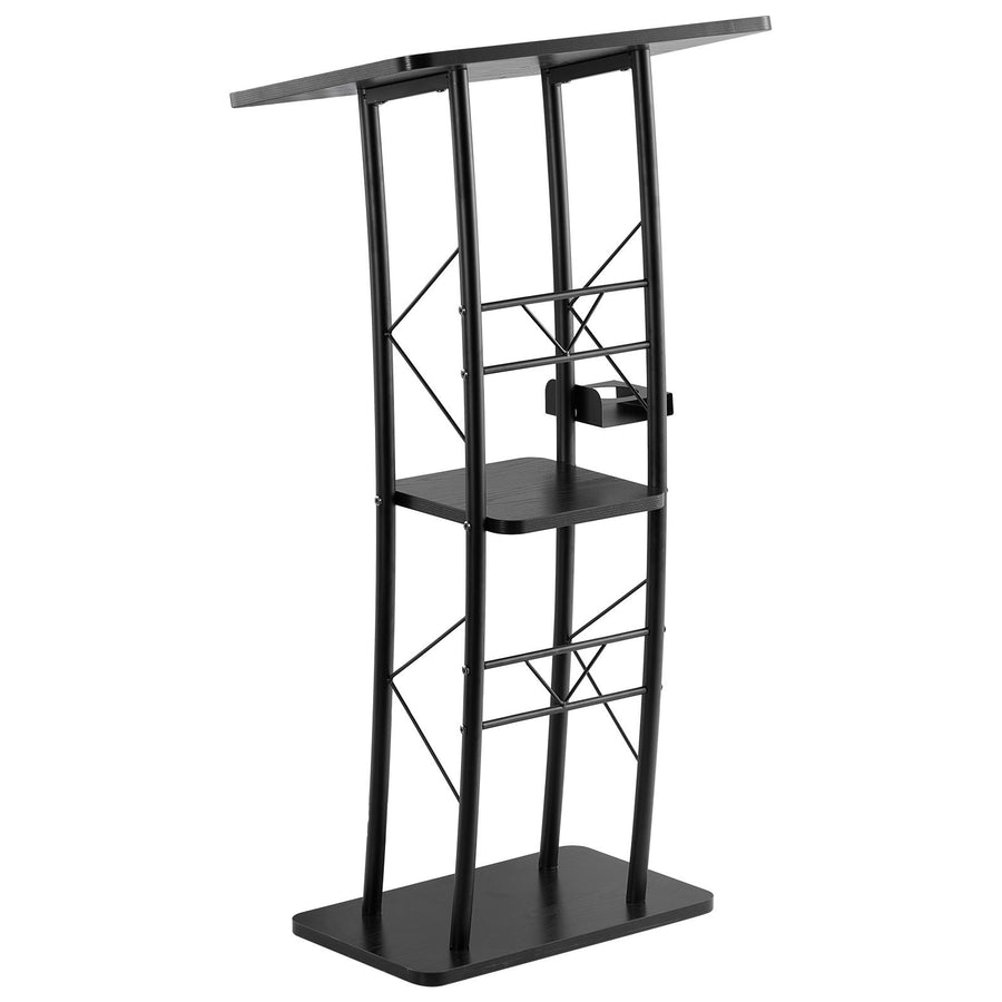 Podium Stand, 1180 mm Metal Lectern, Curved Standing Podium with Wide Reading Surface, Open Storage Compartment, Book Stopper, Cup Holder, for Classroom, Wedding, Conference, Speech, Concert