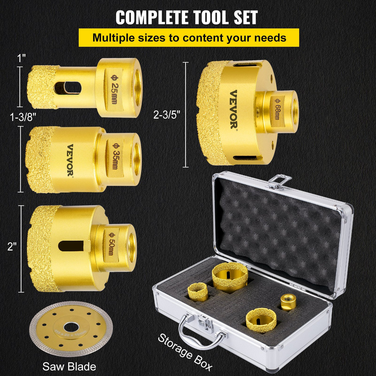 VEVOR Diamond Drill Bits 4PCS Diamond Hole Saw 25/35/50/68mm Tile Hole Saw Kit Vacuum Brazed Diamond Drill Bit 0.59in/15mm Segment Tile Hole Saw w