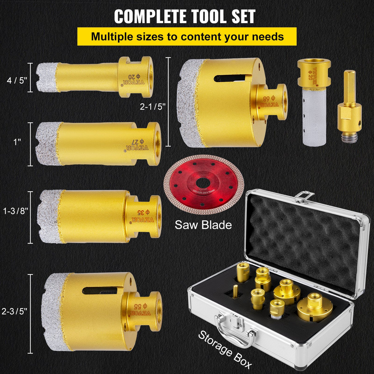 VEVOR Diamond Drill Bits 7PCS Diamond Hole Saw 20/27/35/55/68mmTile Hole Saw Kit Vacuum Brazed Diamond Drill Bit 0.59in/15mm Segment Tile Hole Saw w