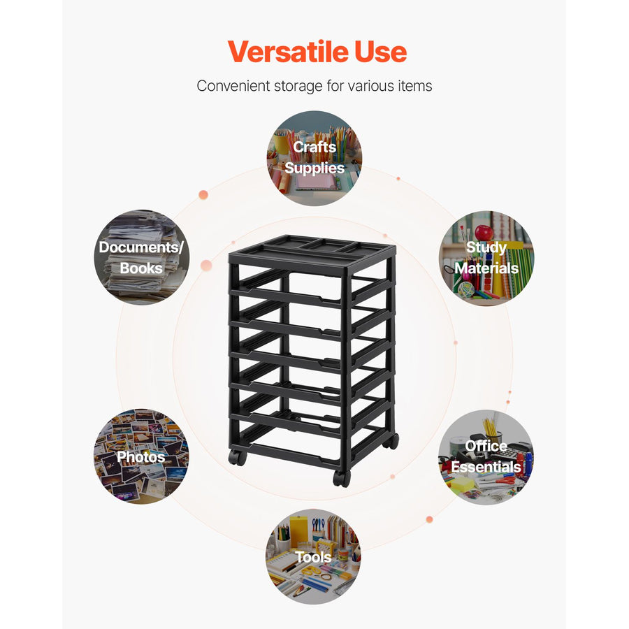 Scrapbook Rolling Storage Cart, 6-Tier Large Capacity with Organizer Top, Black Frame with 4 Removable Wheels, PP Material Cart Only, Rolling Craft Storage for Office Arts and Crafts Supplies