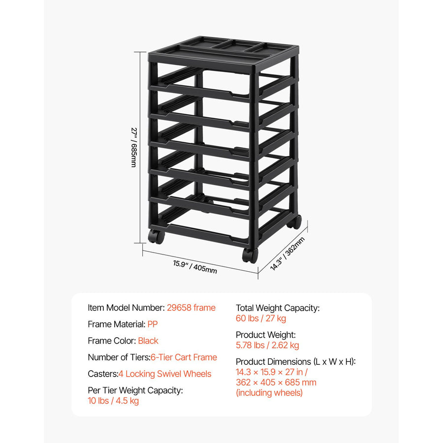Scrapbook Rolling Storage Cart, 6-Tier Large Capacity with Organizer Top, Black Frame with 4 Removable Wheels, PP Material Cart Only, Rolling Craft Storage for Office Arts and Crafts Supplies