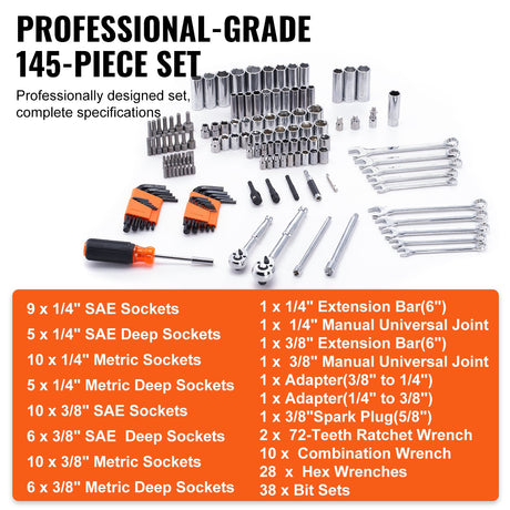 VEVOR Mechanics Tool Set and Socket Set 1/4in 3/8in Drive 145 Pcs SAE and Metric, image 3
