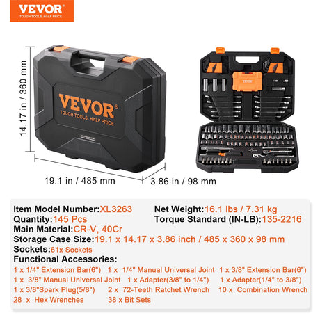 VEVOR Mechanics Tool Set and Socket Set 1/4in 3/8in Drive 145 Pcs SAE and Metric, image 7