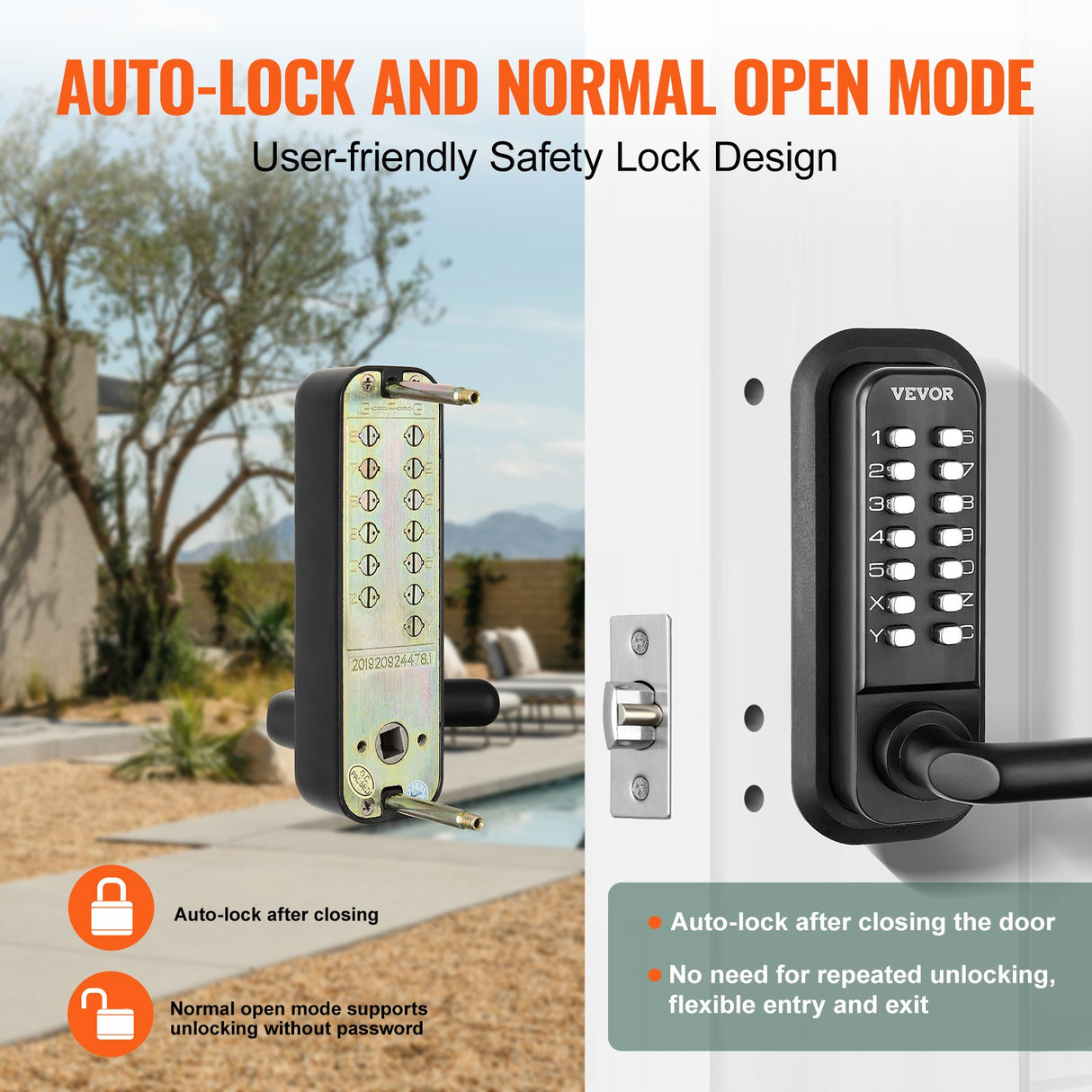 VEVOR Mechanical Keyless Entry Door Lock, 14 Digit Keypad, Water-proof Zinc Alloy, Double-sided Embedded Outdoor Gate Door Locks Set with Keypad and Handle, Easy to Install, for Garden, Garage, Yard
