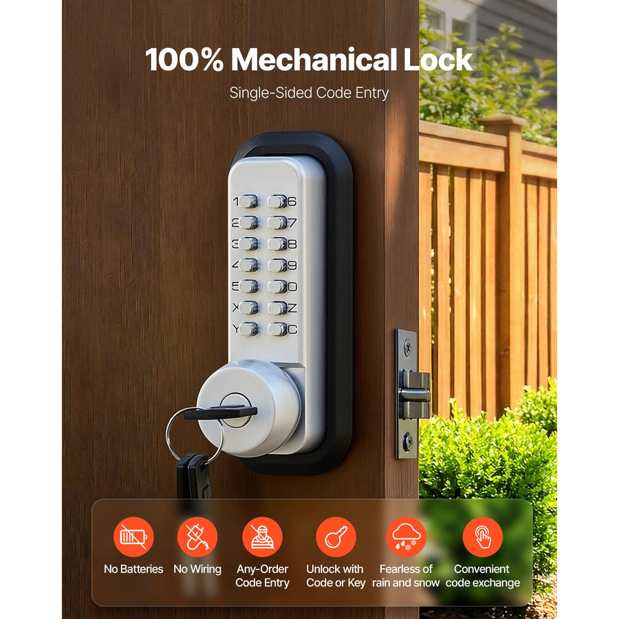 Mechanical Keyless Entry Door Lock, 2.0 Code Upgrade, 4-7 Digits Code, Single-Sided Push Button Combination Mechanical Keypad Door Knob, Auto Locking, for Garden Gates, Indoor or Outdoor, Silver