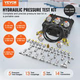 VEVOR Hydraulic Pressure Test Kit, 10/100/250/400/600bar, 5 Gauges 13 Couplings 14 Tee Connectors 5 Test Hoses, Excavator Hydraulic Test Gauge Set with Carrying Case for Excavator Tractors Machinery - Front View